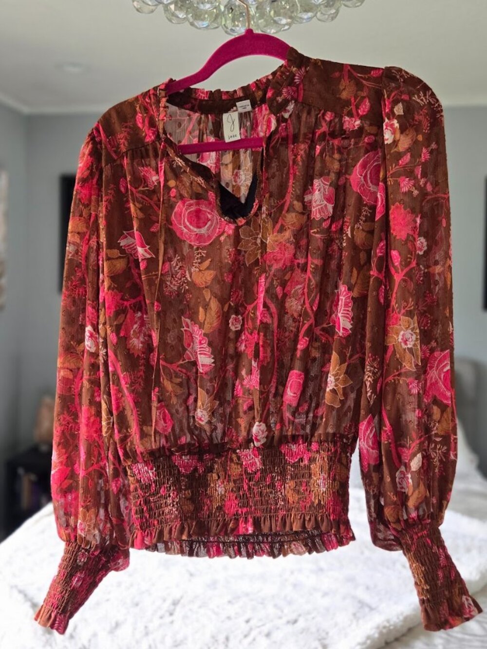 NWOT - JOIE - Brown & Pink Floral Print Swiss Dot Sheer Blouse - Medium